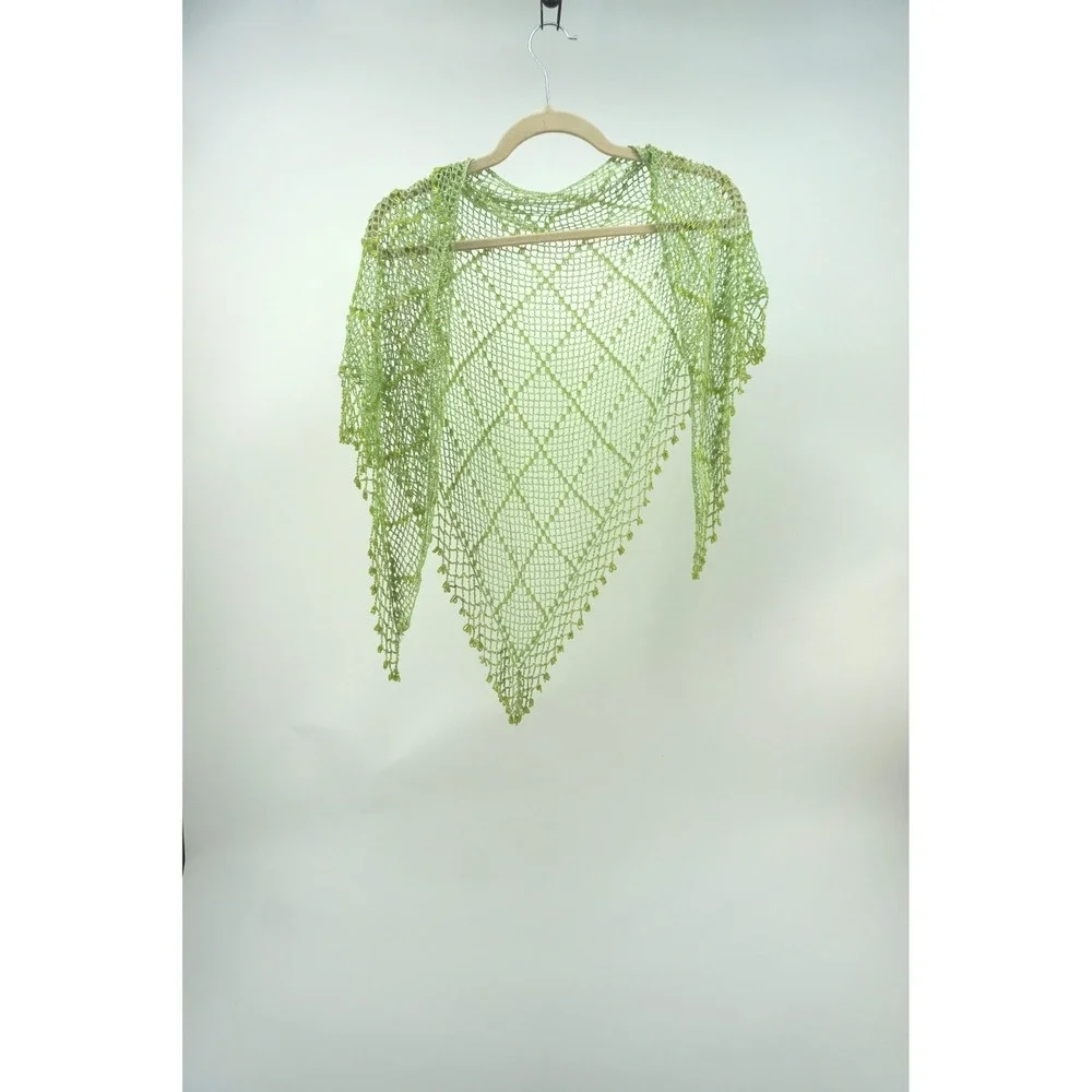 Crochet Beaded Triangle Shawl Wrap Boho Fairycore Lime Green One Size